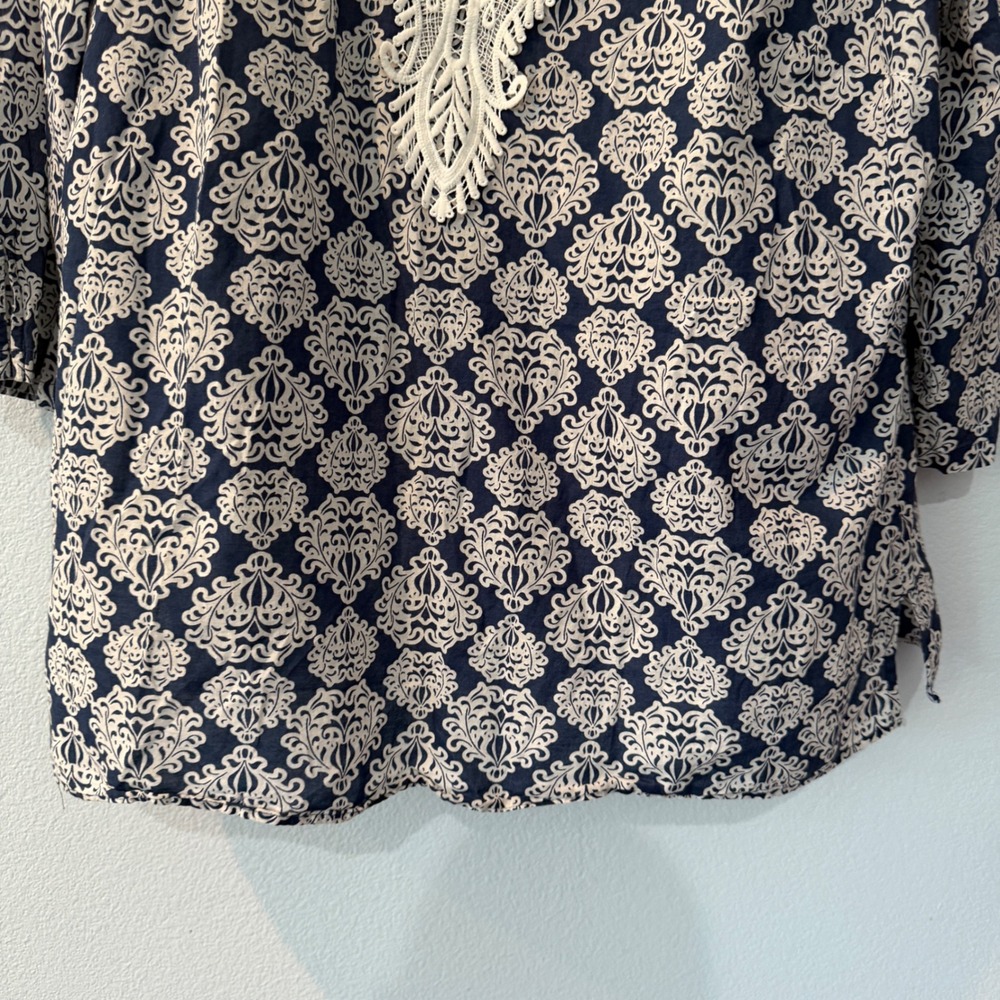 Talbots Plus 1X Navy Blue Damask Cotton Tunic Coastal Boho Crochet Lace Trim Top - Picture 3 of 12